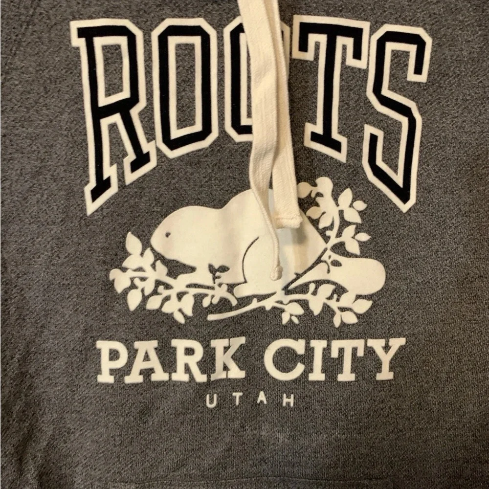 Roots‎ womens Sz XS Canada park city Utah Gray hoodie with Green Label pullover